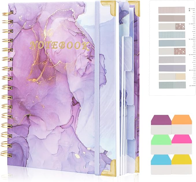 Spiral Notebooks for Work, 240 Pages Lined Spiral Journal Notebook, 5 Subject A5 College Ruled Journals for Writing, 8.6”x6.2''Journaling Notebooks for School Office Supplies(Purple Marble)