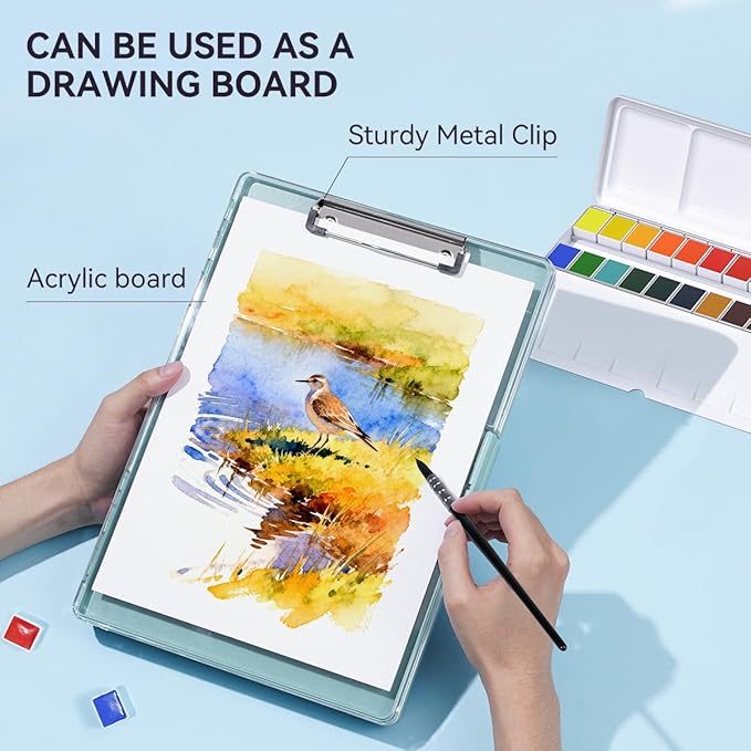 Travel Watercolor Paint Set, Watercolor Set Includes 24 Colors Solid Watercolors + 7.5x7.5 inch 100% Cotton Watercolor Paper(20 Sheets) + 1 Watercolor Brush + Green Double Layer Organizer