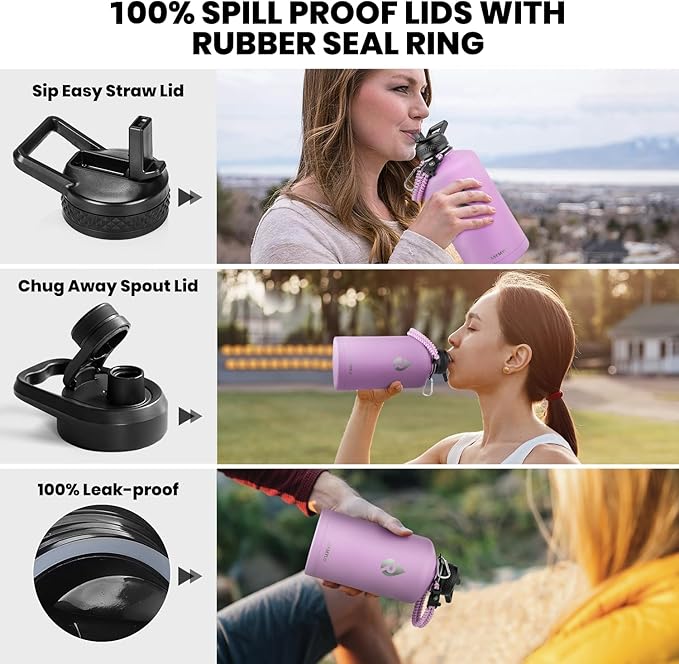 RAYMYLO One Gallon Water Bottle Insulated, Triple Walled Vacuum Stainless Steel (Cold for 48 Hrs), Leak Proof & Non-BPA, Large Water Flask Jug with Paracord Handle & Straw Spout Lids