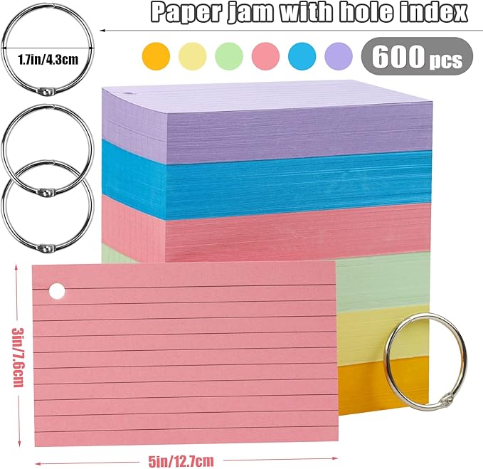 Tecmisse 600 Pieces Index Cards Rulded, Colorful Flash Cards 3 x 5 Index Card with Rings, Heavy Study Cards, Note Cards Punched for School Learning, Office and Home Uses (6-Color Thickened)
