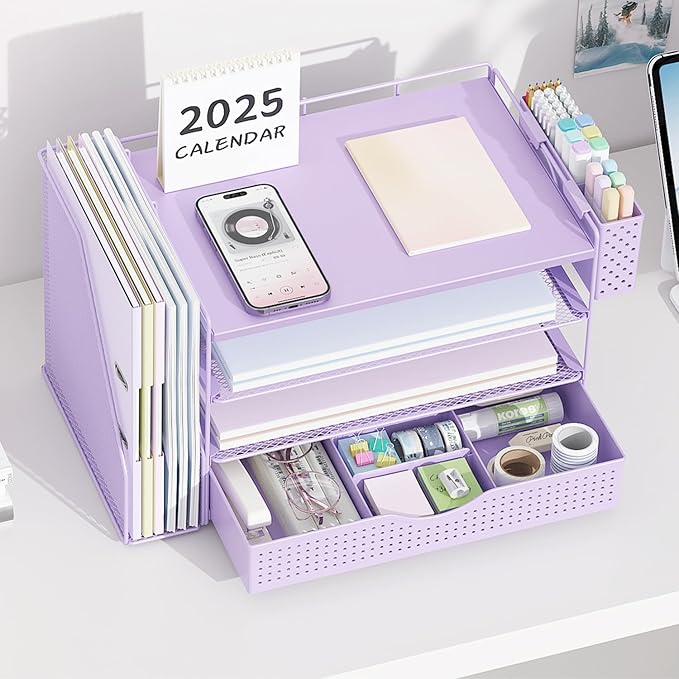 gianotter Wood Desk Organizers and Accessories with File Holder, 4-Tier Desk Accessories & Workspace Organizers with Drawer and Pen Holder, Desk Reference Organizer (Purple, 4T with Drawer)