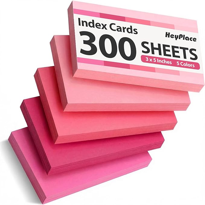 300 Count Index Cards 3 x 5 Inch, Pink Flash Cards for Studying, Cute Notecards for Home, Office, Recipe, School, College Supplies, To Do List, 5 Pink Colors