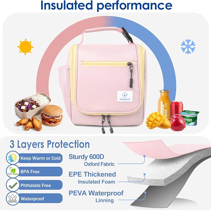Genteen Large Kids Insulated Lunch Box for Boys Girls,Back to School,Office | Thermal Meal Tote Kit,Soft Reusable Lunch Bag,Leakproof,Double Zipper,for Work Outdoor,Yellow Pink