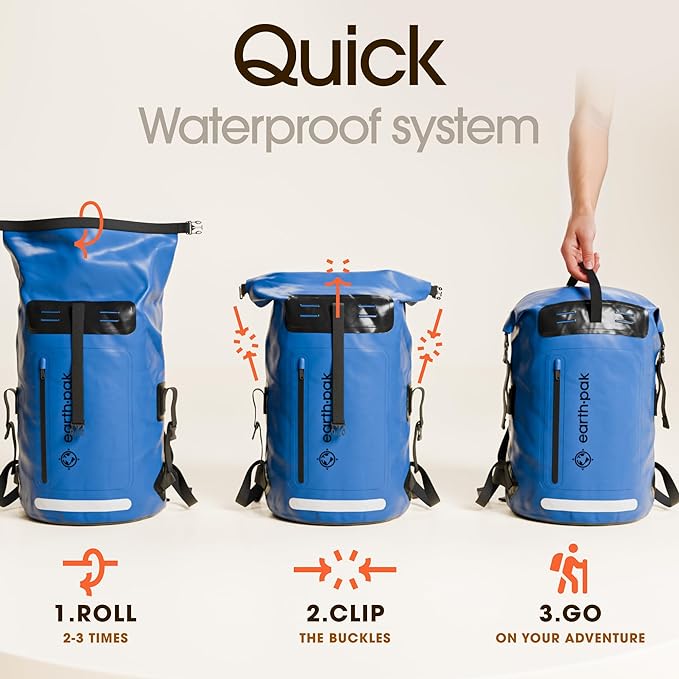 Waterproof Dry Bag Backpack 35L - Kayaking Boating Fishing Rafting Marine | Blue 35L dry bag: 500D PVC, abrasion resistant build, IPX8 phone case for river and lake trips