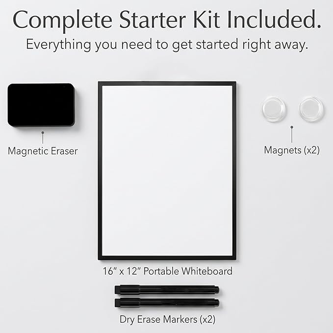 Magnetic Dry Erase Board 12x16 with Foldable Stand, Portable Black Desktop Whiteboard for Home, Office, School & Kitchen