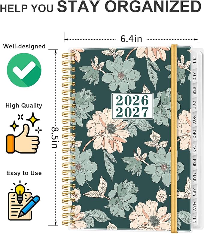 Planner 2026-2027 - Academic Planner from July 2026 to June 2027, Weekly & Monthly Planners Spiral Bound with 12-Month Tabs, Inner Pocket, 6.25" x 8.5", Green Flower
