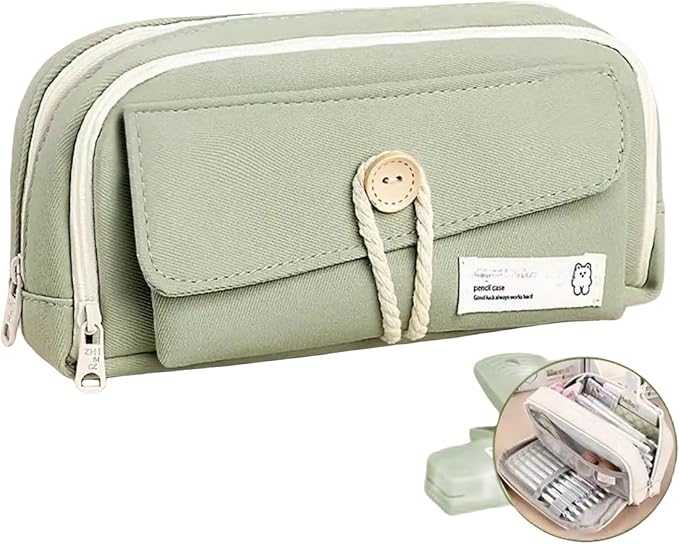 Simple Style Cotton Rope Pencil Holder - Large Capacity Multi-layered Pencil Case Organizer, Aesthetic Minimalist Fabric Pen Pouch with Zipper, Durable Eco-Friendly Pen Pouch Bag (Green)