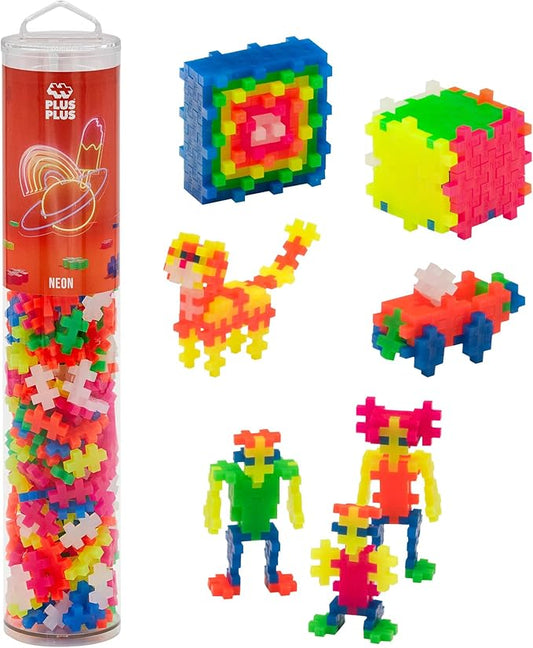 PLUS PLUS 240 Piece Interlocking Building Blocks for Kids, Open Ended Connecting Toys, Stem Bin Classroom Mini Manipulatives - Neon Mix Play Tube