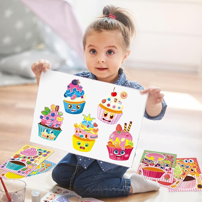 24 Sheets 8.27''×5.9'' Make Your Own Cupcake Stickers for Kids Toddlers, Make a Face Stickers for Kids Party Favors Activities