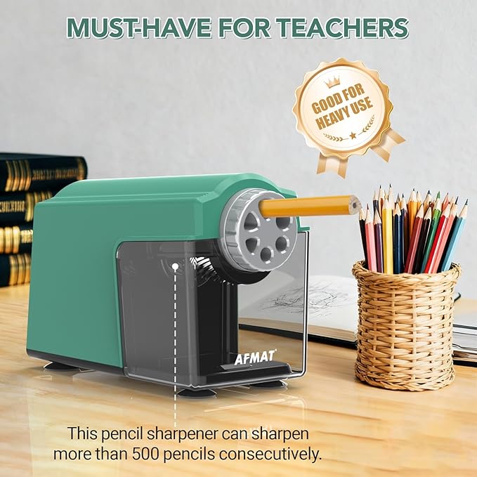 AFMAT Electric Pencil Sharpener for Classroom, 6 Holes, Cordless & Rechargeable, Super Fast, Auto Stop, 10K+ Uses, Heavy Duty Pencil Sharpener for 6-11mm No.2/Large/Colored Pencils PSD4(Green)