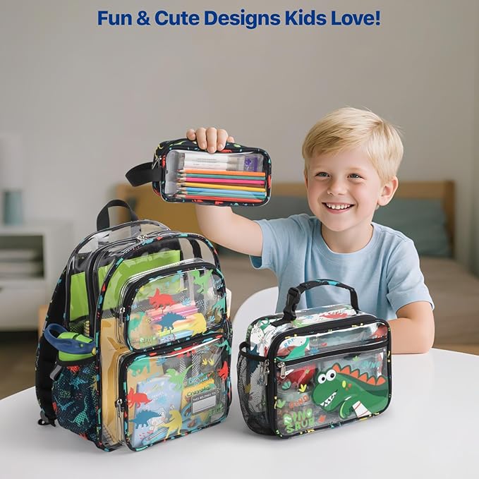 Bagseri Clear Kids Lunch Bags - Boys Lunch Box for School Reusable Snack Bag with Water Bottle Holder Stadium Approved Clear Bag, Black Cute Dinosaur