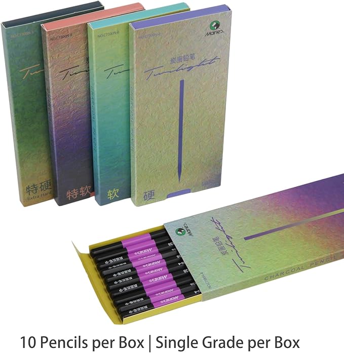 Marie's Charcoal Pencils for Drawing, 10 Pieces, Extra Hard Hard Medium Soft Extra Soft, Sketching Pencils for Artists, Smooth Charcoal Core for Layering, Blending and Detailed Artwork(Extra Soft)