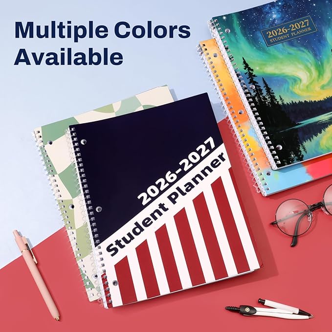 Student Planner 2026-2027, SUNEE Middle or High School Student Planner for Academic Jul. 2026 - Jun. 2027, 8.5"×11" Lesson Plan Book with 3-Hole Punched, Bookmark, Planning Stickers, Academic Color