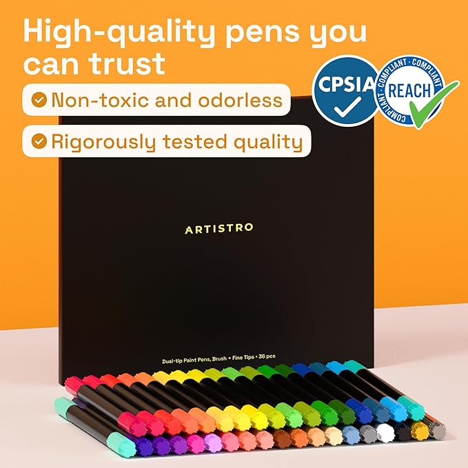 ARTISTRO 36 Acrylic Paint Markers - Paint Pens for Drawing, Brush + Fine Tips - For Fabric, Rock, Glass, Wood, DIY - Art & Craft Supplies for Adults, Teens, Kids - Teacher Appreciation Gift
