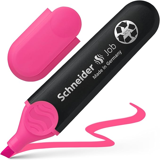 Schneider Job Highlighter, Chisel Tip, 1 + 5 mm, Black Barrel, Pink Ink, Box of 10 Highlighters (1509)