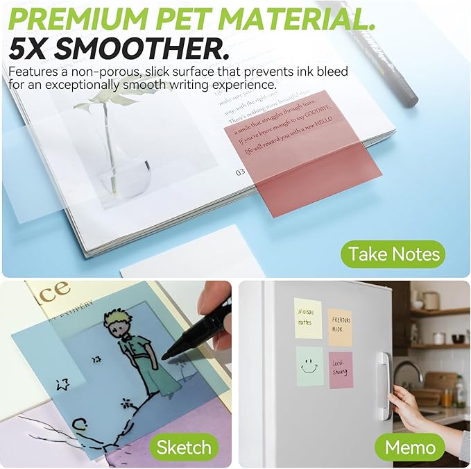 Transparent Sticky Notes with Marker Pen, Tecolu 7 Pads Clear Sticky Notes Sets, 5X The Sticking Power Translucent Sticky Note Pad, Waterproof & See-Through Sticky Notes