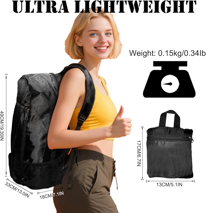Ultra Lightweight Hiking Backpack 30L, Travel Packable Daypack Foldable Small Backpacks for Women Men(Black)
