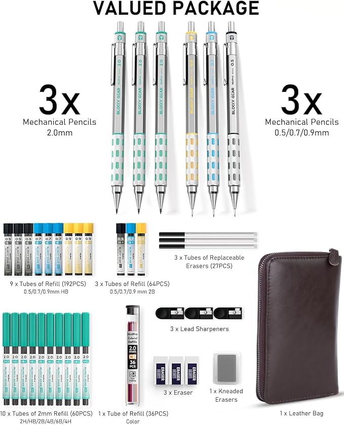 Nicpro Blocky Gear Metal Mechanical Pencil Set with Leather Case | 40PCS Art Drafting Pencil 0.5/0.7/0.9/2mm Lead Pencil with 352PCS (HB 2H 4H 2B 4B 6B Color) Lead Refill for Sketching Drawing