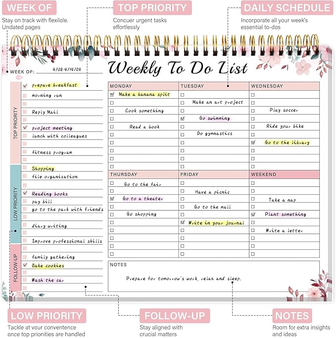 Weekly To Do List Notepad with 52 Undated Sheets（8.5"×11"）- Undated Weekly Desk Planner for Women & Man, School/Office Supplies