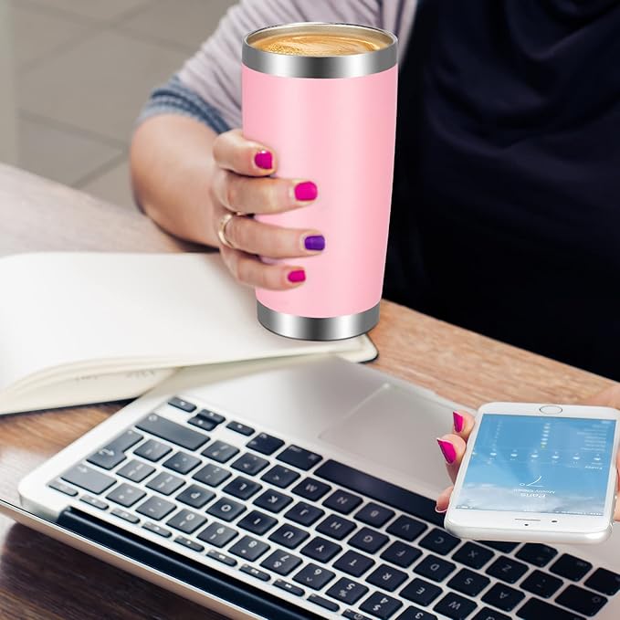 VEGOND 20oz Tumbler with Lid and Straw Stainless Steel Tumbler Cup Bulk Vacuum Insulated Double Wall Travel Coffee Mug Powder Coated Coffee Cup, Pink, 12 Pack