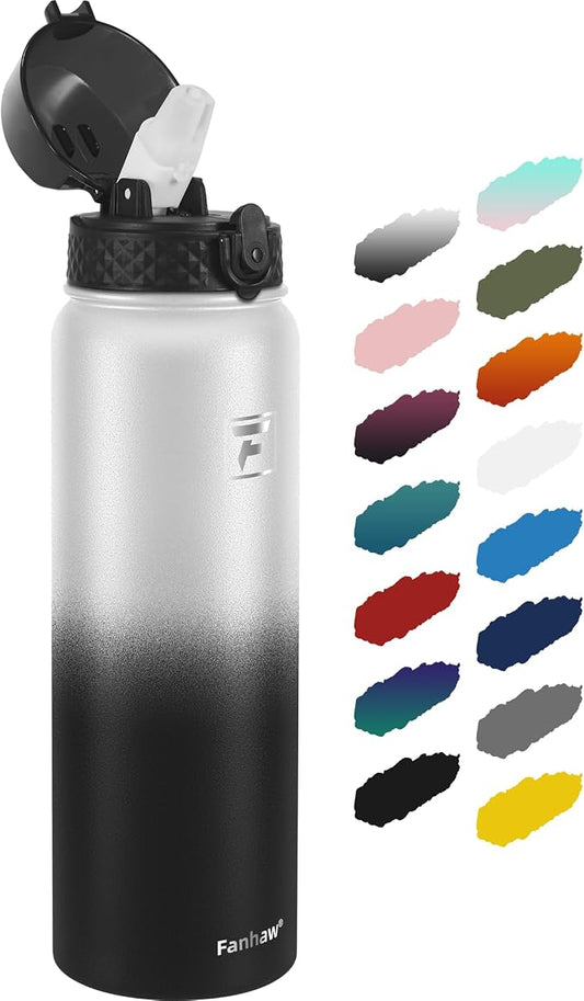 Fanhaw 32 Oz Kids Insulated Stainless Steel Water Bottle with Straw Lid, Leakproof & Anti-Dust Everyday Use Bottle for School, Women & Men, Back to School Essentials (White Black)