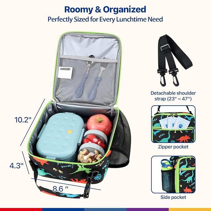 Bagseri Kids Lunch Bag with Shoulder Strap - Insulated Crossbody Boys Lunch Box for School & Travel, Reusable Large Meal Tote with Bottle Holder, Fits Bento Box, Black Dinosaur