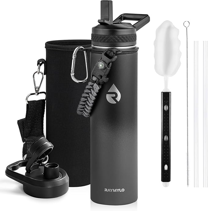 RAYMYLO Insulated Water Bottle 24oz, Triple Wall Vacuum Stainless Steel (Cold for 24Hrs, Hot for 12Hrs), Leak Proof & Non-BPA, 24oz Hydro Water Flask with Paracord Handle & Straw Spout Lids