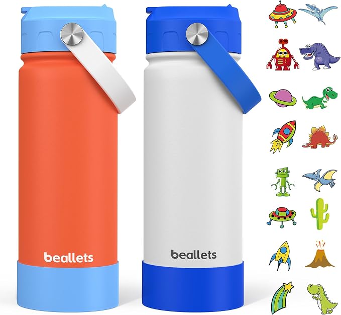 18oz Kids Insulated Water Bottle, 2 Pack Straw Cup | DIY Stickers, BPA-Free, 316 Stainless Steel, Silicone Boot, Keeps Cold 24h, Leak-proof, School, Sports