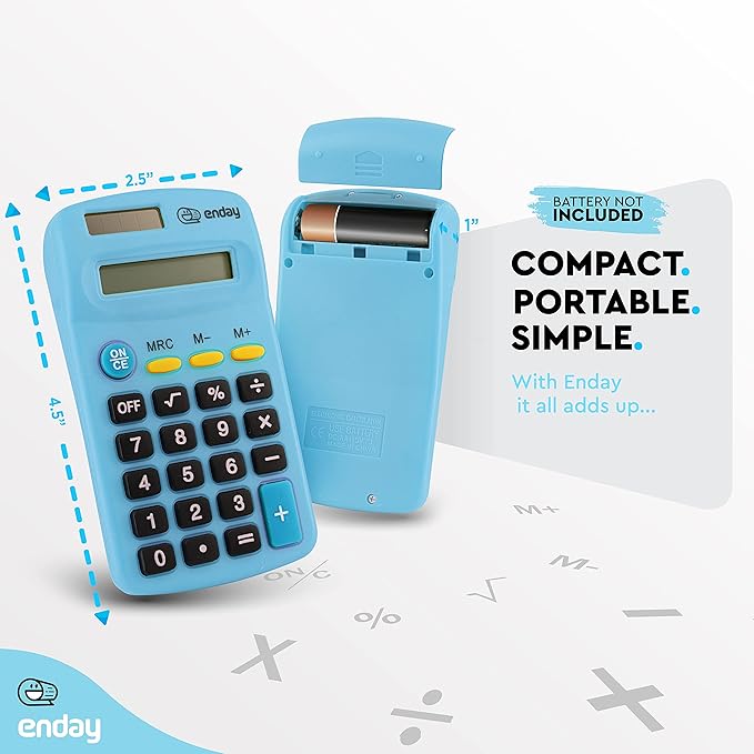 Calculator Blue, Basic Small Solar and Battery Operated, Large Display Four Function, Auto Powered Handheld Calculator School and Kids Available in Green, Red, Purple, Grey, Pink, 1 PK – by Enday