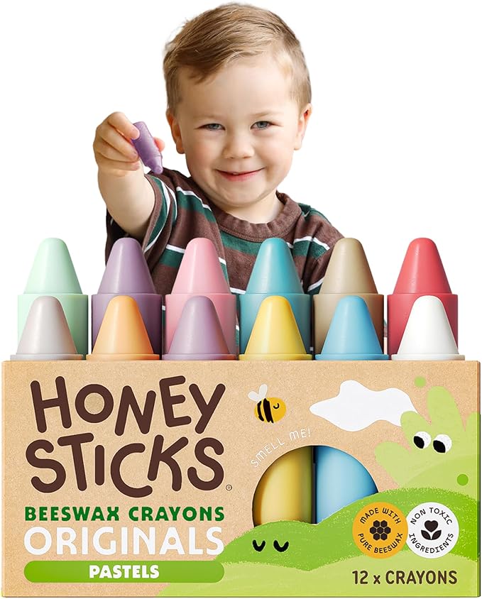 Honeysticks 100% Pure Beeswax Crayons (12 Pack) - Pastel Colored - Non Toxic Crayons for Toddlers 1-3, Safe for Baby from 1 Year Old Plus, Handmade with Natural Beeswax and Food-Grade Colors, Eco