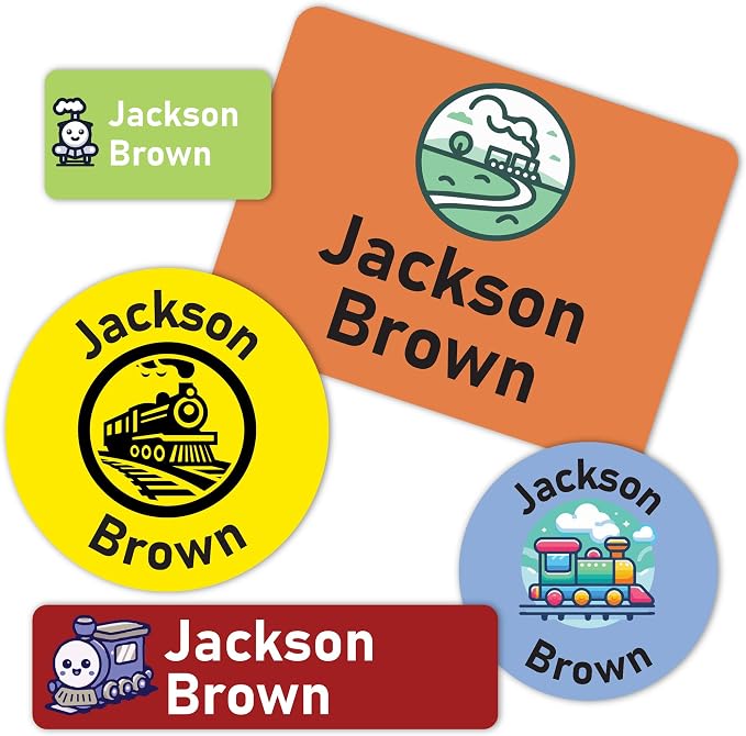 Personalized Daycare Stickers Name Labels for Kids - Custom Waterproof Name Stickers for Water Bottles, Lunch Boxes School Supplies, Clothing Tags, 30+ Designs, Trains