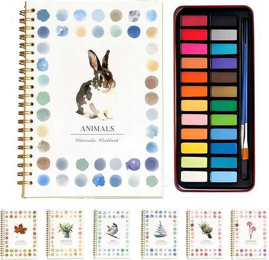 Watercolor Workbook - Coloring Book Beginner Friendly Painting Kit, Watercolor Workbooks for Adults with 24 Colors Paint, Exploration Gift for Adults Teens (Animals)
