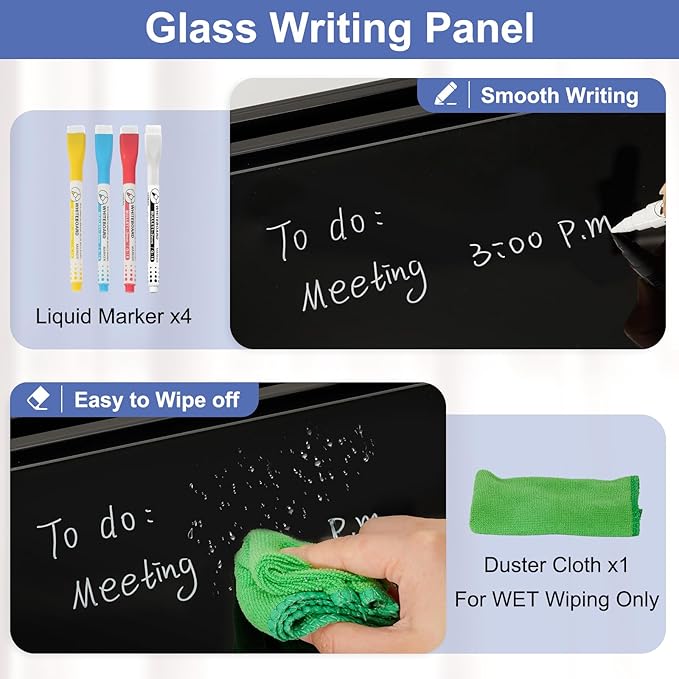 DOLLAR BOSS 12''x7'' Glass Desktop Whiteboard Small Dry Erase Board with Storage Drawer Computer Keyboard Stand Desk Organizer Office Accessories School Supplies with 4 Markers, Black