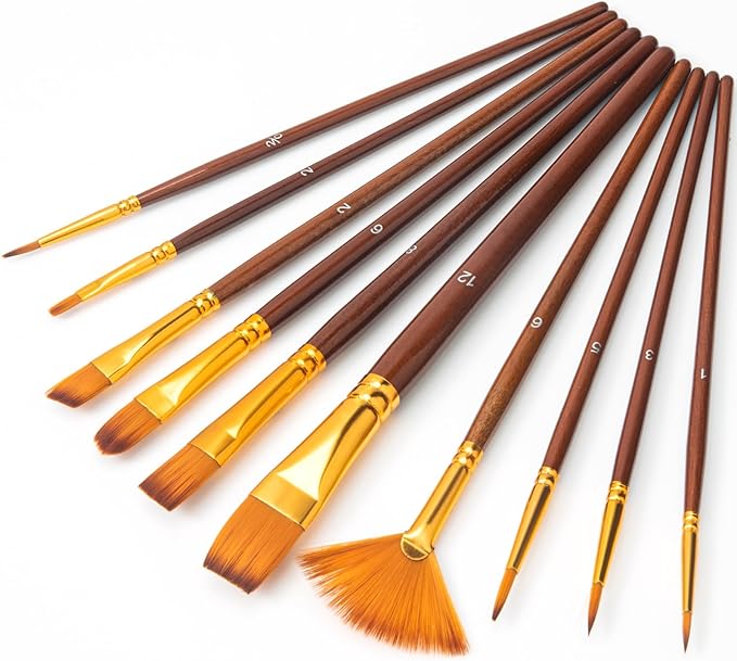 Paint Brushes Set, 10 PCS Professional Artist Painting Brushes Kit for Acrylic Watercolor Oil Gouache Painting - for Beginners or Artists (Brown)