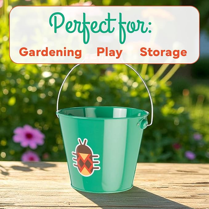 Toysmith Kids Gardening & Beach Bucket – 5″ Metal Pail with Grippable Handle | Assorted Bee & Beetle Colors | Durable Steel for Outdoor Play - 1 Count