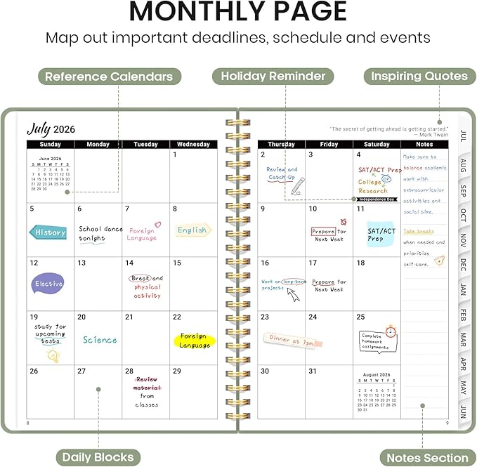 Planner 2026-2027 for Women & Men, Academic Monthly and Weekly Calendar Planner, Jul 2026 - Jun 2027, A4 (8.5" x 11"), Teacher Student Planning Book with Tabs, Ideal for Office School Supplies - Green