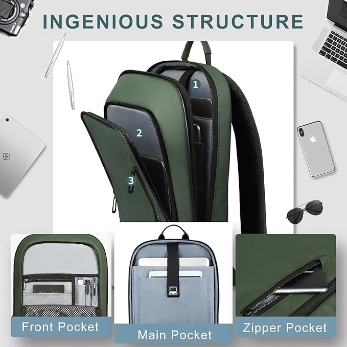hk Backpack for Men Business Slim Backpack with USB Charger Computer Lightweight Anti-theft Travel (Green, 17.3 Inch)
