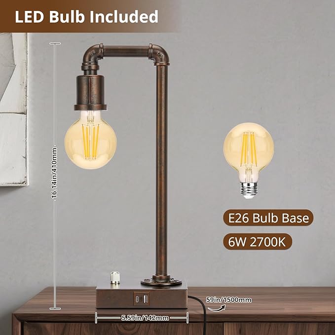 Industrial Table Lamp for Bedroom, Fully Dimmable Bedside Lamp with USB C+A Ports, Vintage Lamp with Water Pipe Design, Steampunk Table Lamps for Living Room, Dorm, Office, 6W LED Bulb Included