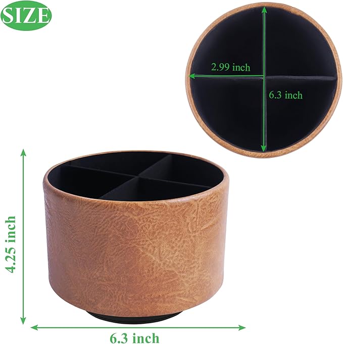 Round Leather Art Supply Organizer,Remote Control Holder,360 Degree Spinning,Multi-Functional Pencil Holder,4 Compartments Desktop Stationary Organizer(1-Crazy Brown)
