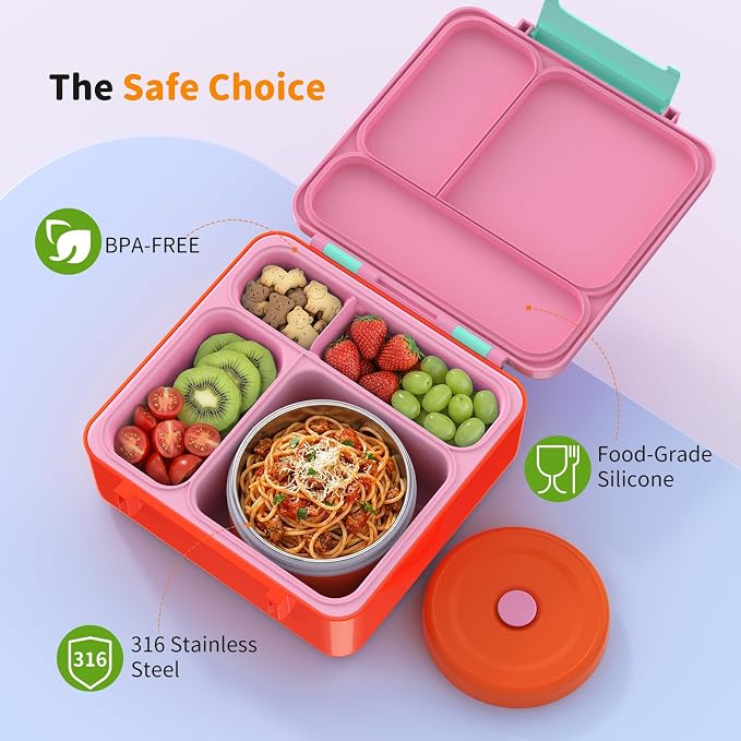 Bento Box for Kids, Lunch Box with Sticker for School | DIY Sticker Fun, Quick Lunch Packing, 4-Compartment Design, Insulated Food Jar, BPA-Free, Leak-Proof