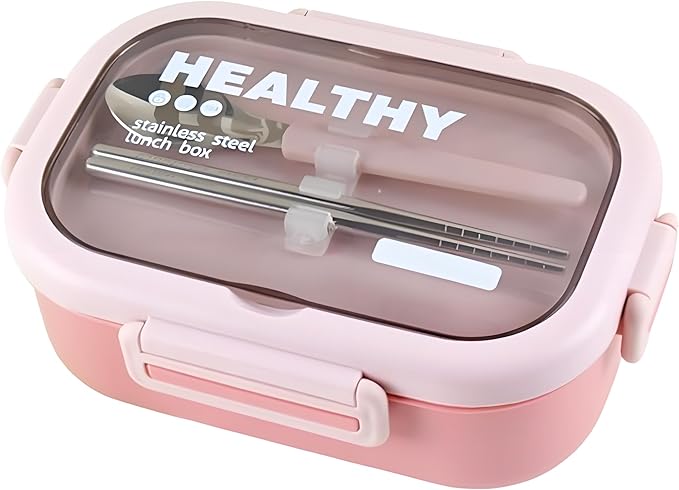Stainless Steel Lunch Box, 2 Compartment Bento Box for Adults, Easy to Clean, Leak-Proof Design, Food Storage Container with Tableware for Family, Work, Picnics and Travel(850ml, Pink)