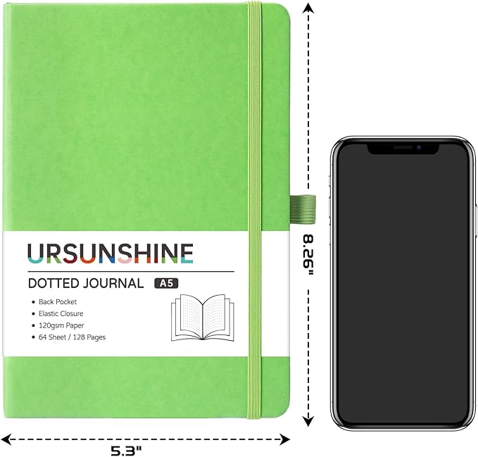 Dotted Journal/Notebook - Dot Grid Hard Cover Notebook, Premium Thick Paper with Fine Inner Pocket, Black Smooth Faux Leather, Pen Loop, 5.3'' x 8.26'' - Prasinous
