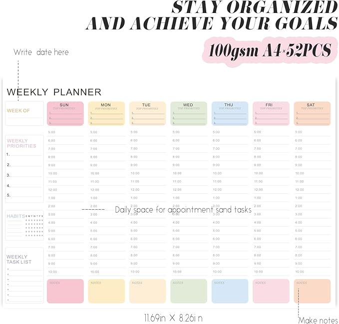 Undated Weekly Hourly Planner Notepad, Tear-Off ADHD Planner,Weekly Planner,Weekly Schedule Planner,Weekly To Do List Notepad(52 Sheets,8.5"x11",Macaron Color)