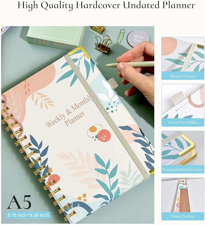 Undated Weekly Planner, Hardcover Weekly & Monthly Calendar Blank Planner, To Do List Notebook with Goal & Habit Tracker Organizer, A5 Daily Planner with Spiral Binding, Ideal for Work School Home, Abstract Floral
