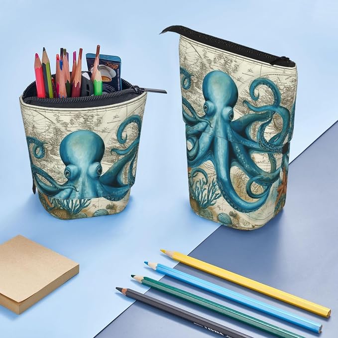 Beach Octopus Kids Standing Pencil Case Girls Boys Telescopic Stationary Pouch with Zipper Large Capacity Stand up Pen Bag Portable Makeup Holder for Children School Students Office Supplies