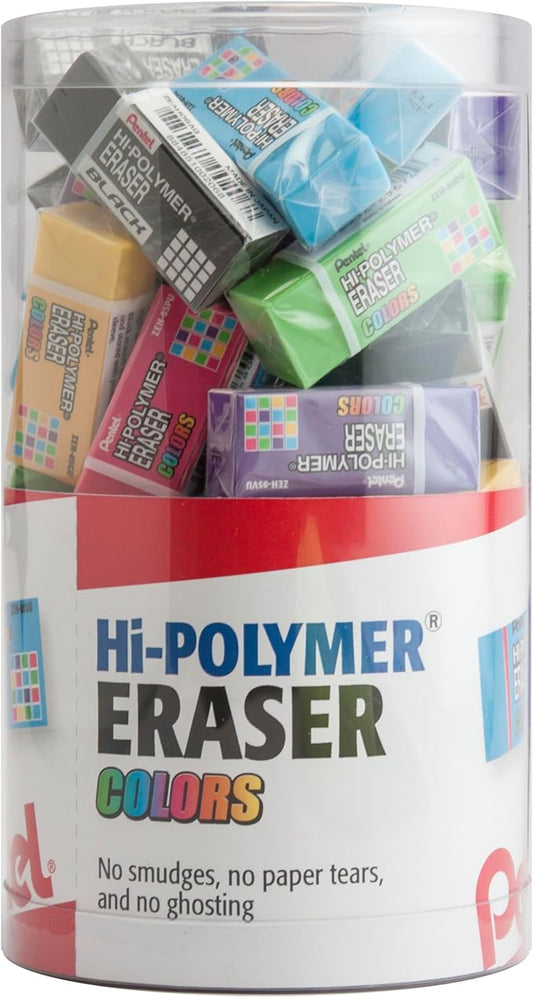 Pentel Hi-Polymer Eraser Colors – Small Assorted Block Erasers, Smudge-Free, Non-Abrasive, for School, Office & Art, Pack of 48 (ZEH05CRM-4)