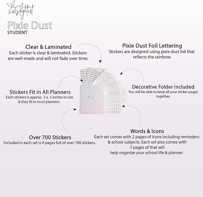 Student Planner Stickers - Clear Pixie Dust Foil - School - Study - Icons - Tests - Homework - Over 600 Stickers - Folder Included - Minimal - Pixie Dust