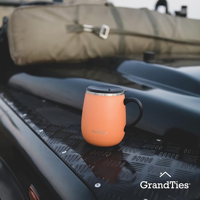 GRANDTIES Insulated Coffee Mug with Handle - Sliding Lid for Splash-Proof 16oz Wine-Glass Shape Thermal Tumbler with Double Walled Vacuum Stainless Steel to Keeps Beverages Hot or Cold-Carrot