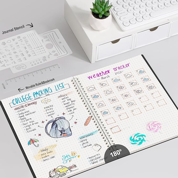 AHGXG Dotted Journal - Dot Grid Spiral Notebook B5, 140 Pages, 100 GSM Thick Paper, Waterproof Plastic Cover Journals for Journaling, Sketching, 7.6" x 10", Black