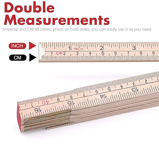 Jeemiter 2 Pack Wood Folding Rule for Carpenters, 6.5FT/2M Hardwood Foldable Ruler with Brass Hinges | Yard Stick with Easy-Read Inch & Metric Measurements